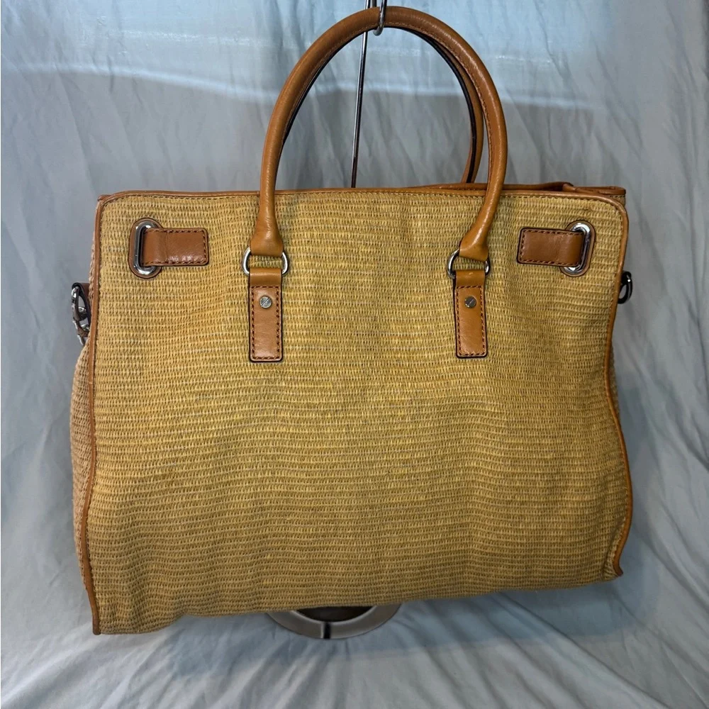 Michael Kors Straw Hamilton Tote Large Tan Leather Trim Satchel - Picture 3 of 10